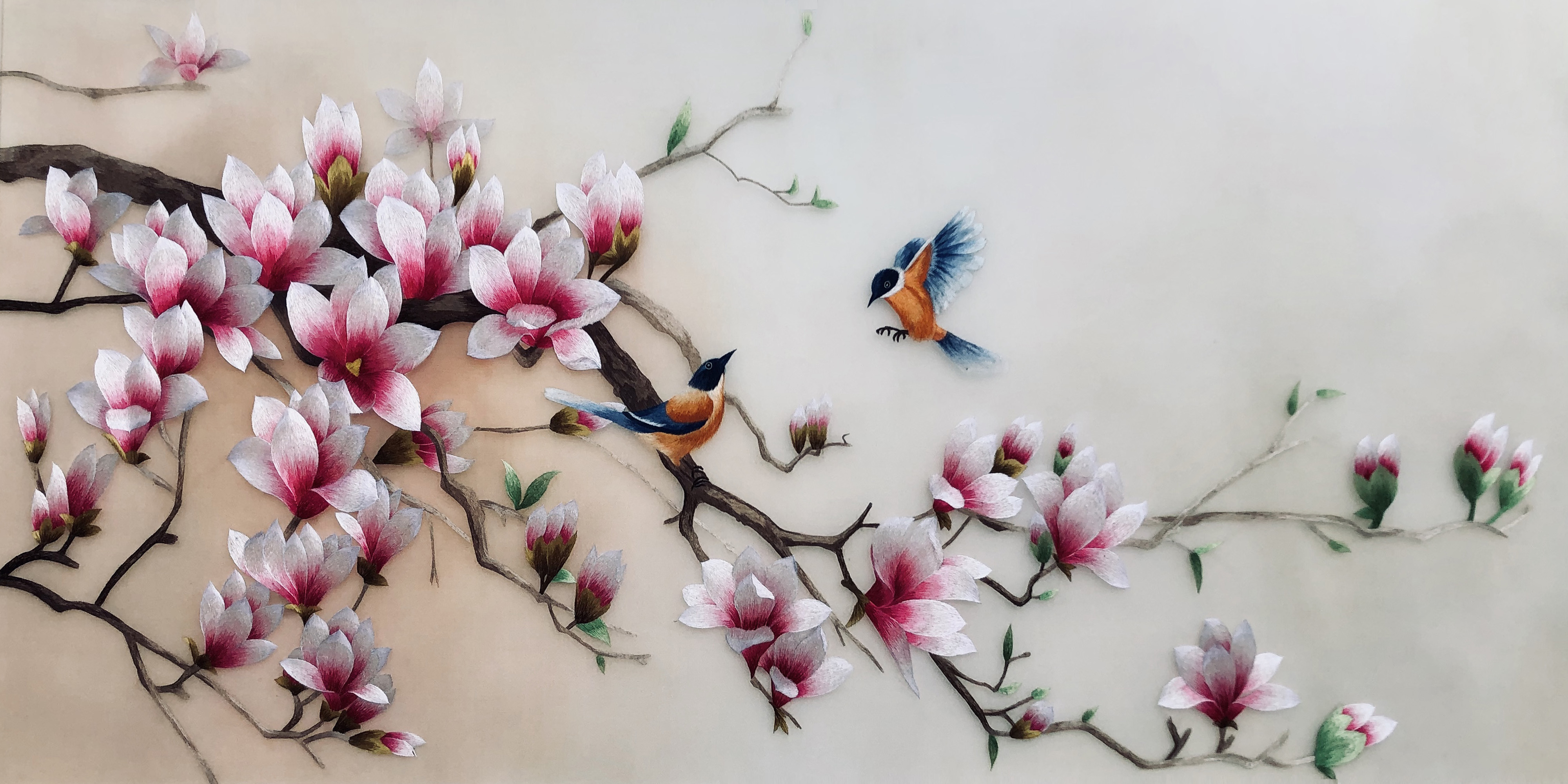 76431 MAGNOLIA FLOWER WITH BIRDS | silkart